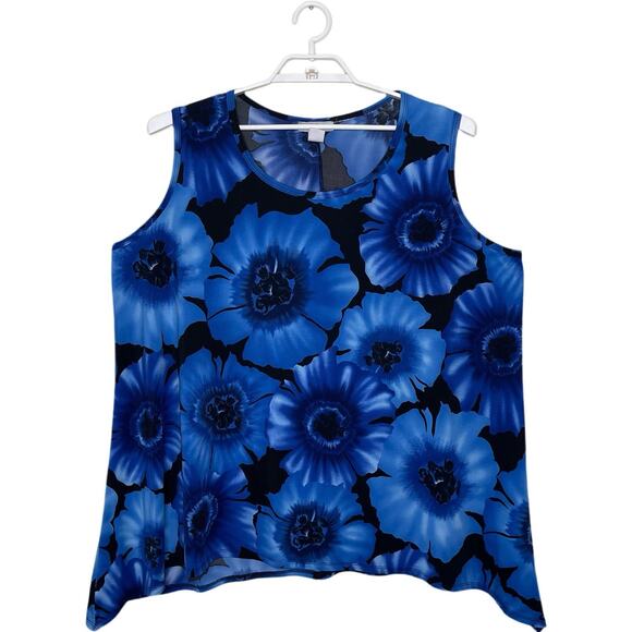ONLY‎ 9 Blue Black Floral Print Asymmetrical Tank Top Liquid Slinky Knit Sz 4X - Picture 1 of 8